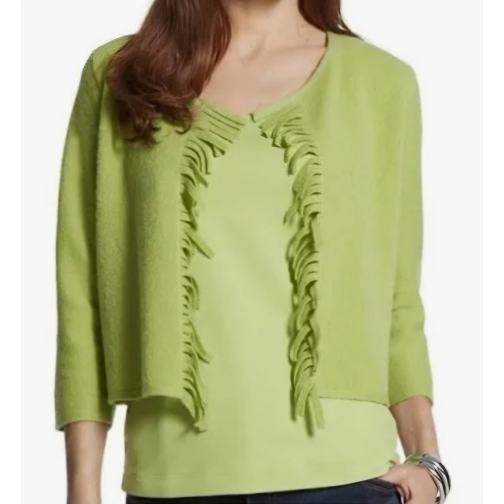 CHICO'S Flora Fringe Wool Cardigan‎ Sweater Sz 1 Med Market Green New w/ Defects